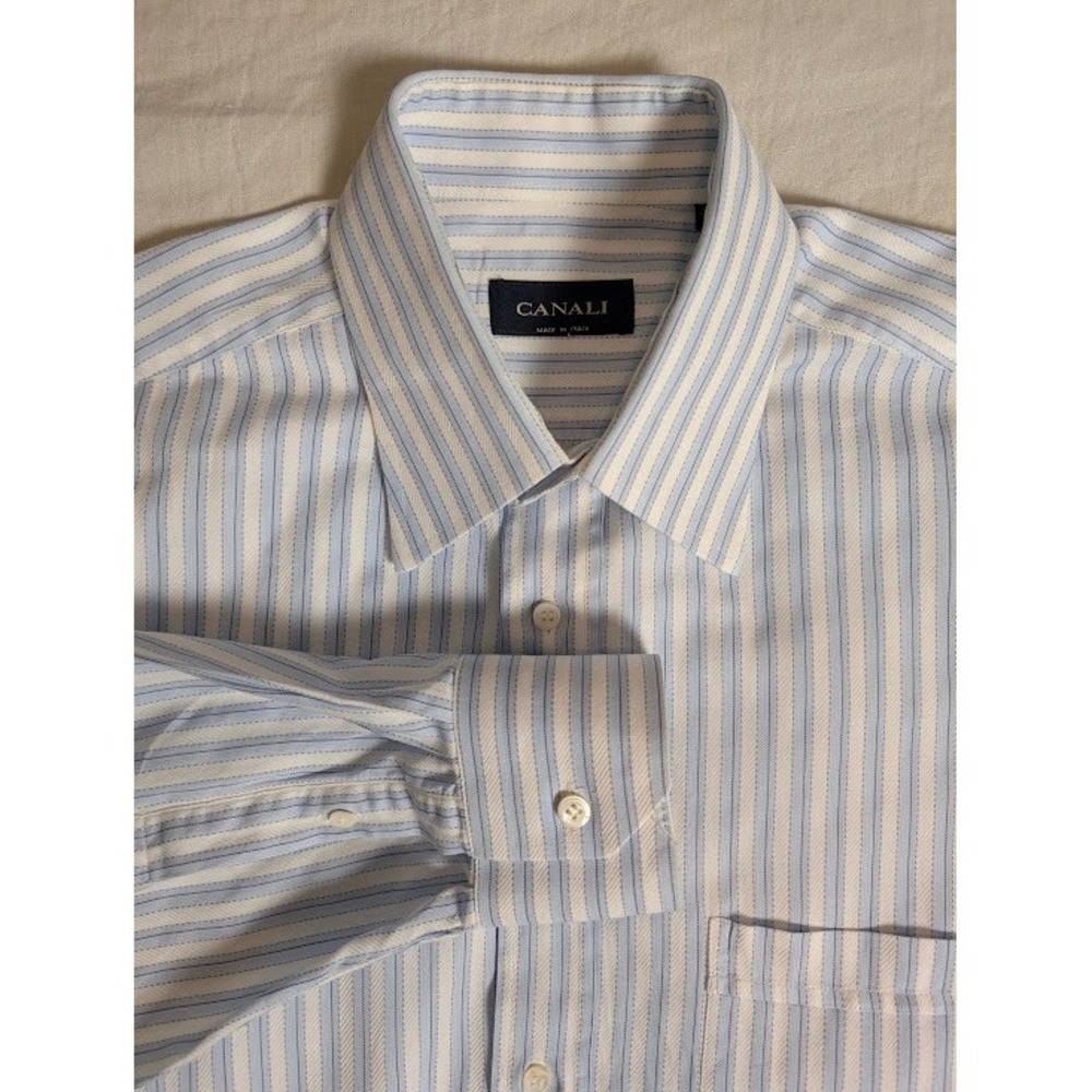 Canali Dress Shirt Mens 41 16 Blue White Striped Long Sleeve